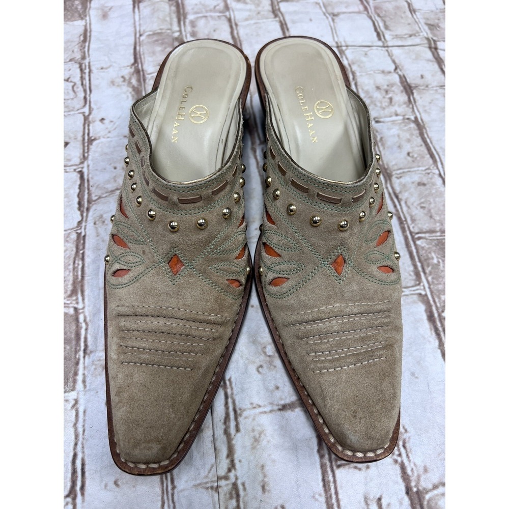 Cole Haan Morgan Western Mules Suede Embelished Beige Sz 6.5 Southwest
